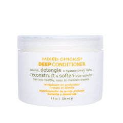 Acondicionador desenredante Mixed Chicks, detalle de la botella vertiendo crema para suavizar el cabello.