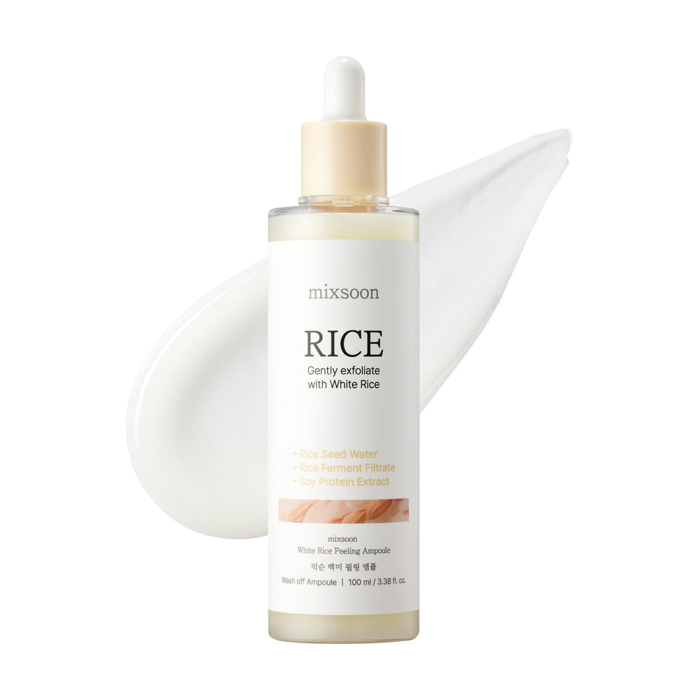Mixsoon White Rice Peeling Ampoule bottle closeup for gentle exfoliation ready for daily use.
