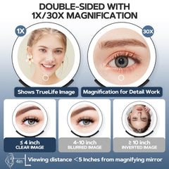 MIYADIVA lighted makeup mirror 30x magnifying side view for close-detail inspection