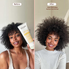 Mizani Perfect Coil Oil Gel being applied on wet hair for moisture-rich wash and go.