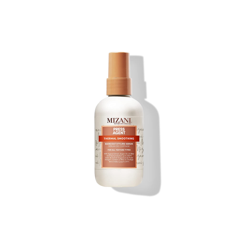 Mizani Press Agent bottle demonstrates easy daily styling prep for smooth blowouts