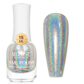 MIZHSE holographic nail polish bottle close-up with silver glitter and rainbow glow.