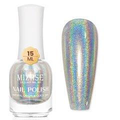 MIZHSE holographic nail polish bottle close-up with silver glitter and rainbow glow.