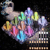 MKNZOME 12 jars holographic nail powder for smooth, professional-looking chrome nails.