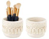 Mkono macrame makeup brush holder in ivory with tassel keeps vanity brushes neatly organized
