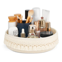 Mkono makeup-perfume-holder on dresser keeps cosmetics organized.