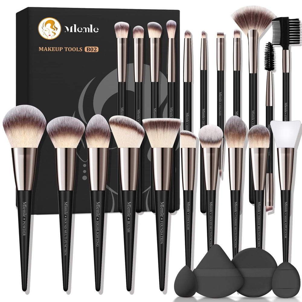 Mlemle makeup brush set 21 brushes displayed in elegant packaging for versatile daily makeup