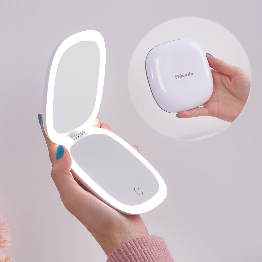 Mocado compact LED mirror with 1x-10x magnification for precise makeup checks.
