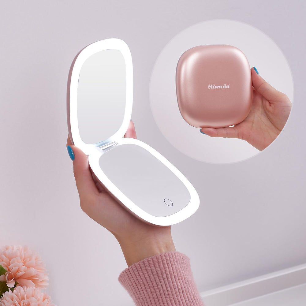 Mocado compact LED magnifying travel mirror front view in rose gold for precise makeup checks.