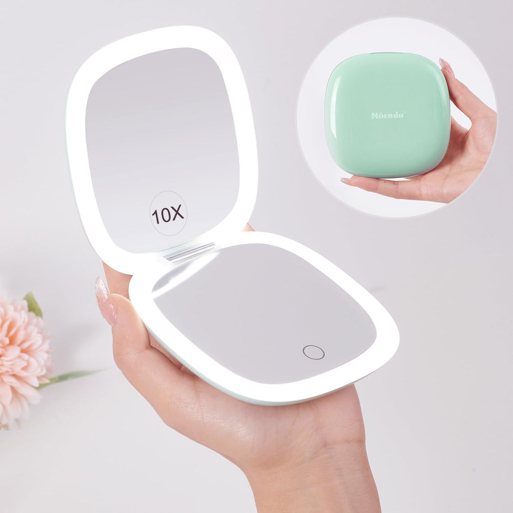 Mocado compact LED travel mirror front view for quick on-the-go makeup checks in daylight-like lighting.