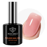 Modelones Builder Nail Gel in peachy jelly pink offers a smooth base for length and natural shine.