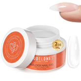 Modelones Builder Nail Gel envase cristal, acabado claro para extensiones duraderas.