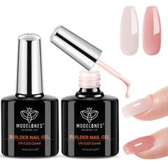 Modelones Builder Nail Gel nude: botella para base natural y cobertura.