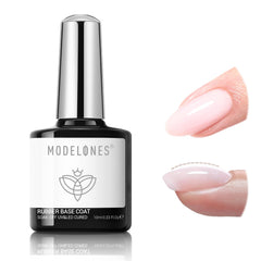 Modelones Builder Rubber Base Gel light pink bottle shows 6‑in‑1 base coat benefits