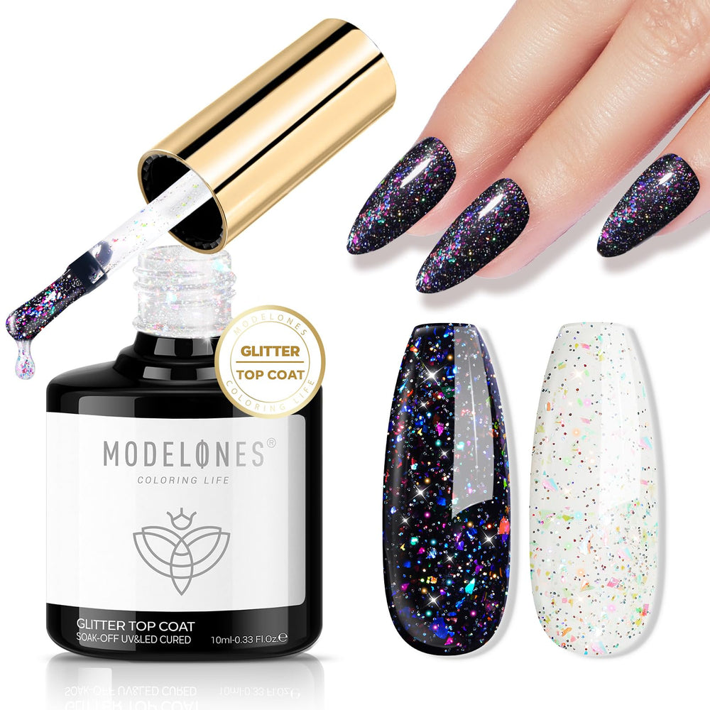 Modelones capa superior gel con purpurina arcoíris para uñas vibrantes.