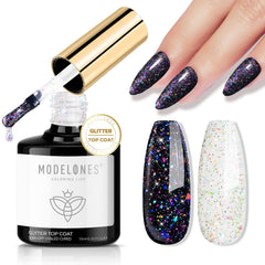 Modelones capa superior gel con purpurina arcoíris para uñas vibrantes.