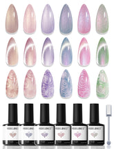 Modelones Cat Eye gel nail polish set muestra el efecto cat eye con imán para brillo tridimensional.