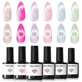 Modelones cat eye gel polish bottles show six holographic shades for chic nail art.