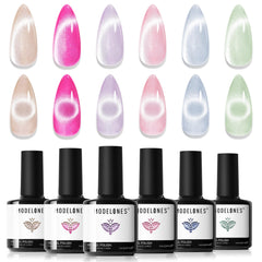Modelones cat eye gel polish bottles show six holographic shades for chic nail art.