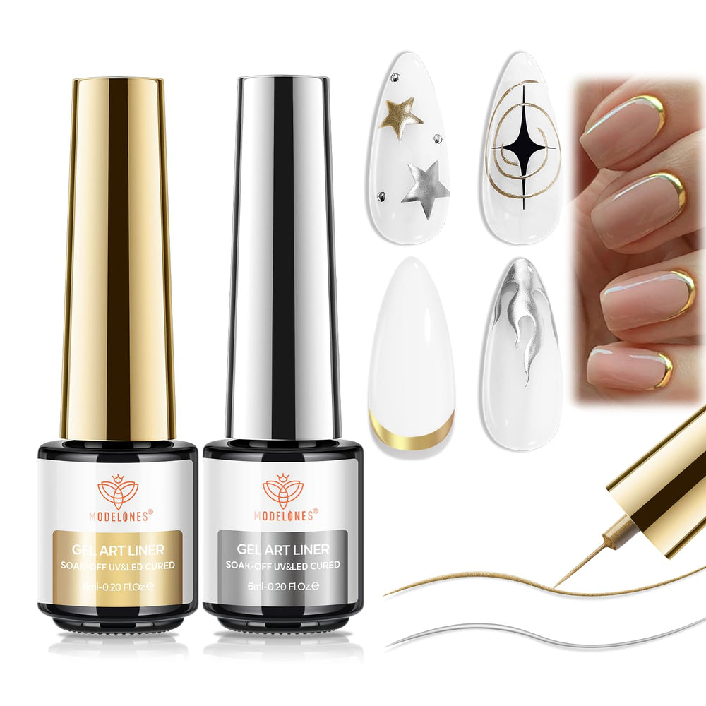 Modelones delineador metálico en oro y plata con brocha precisa para líneas finas.