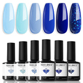 Modelones gel azul, paleta de colores para estilos llamativos.