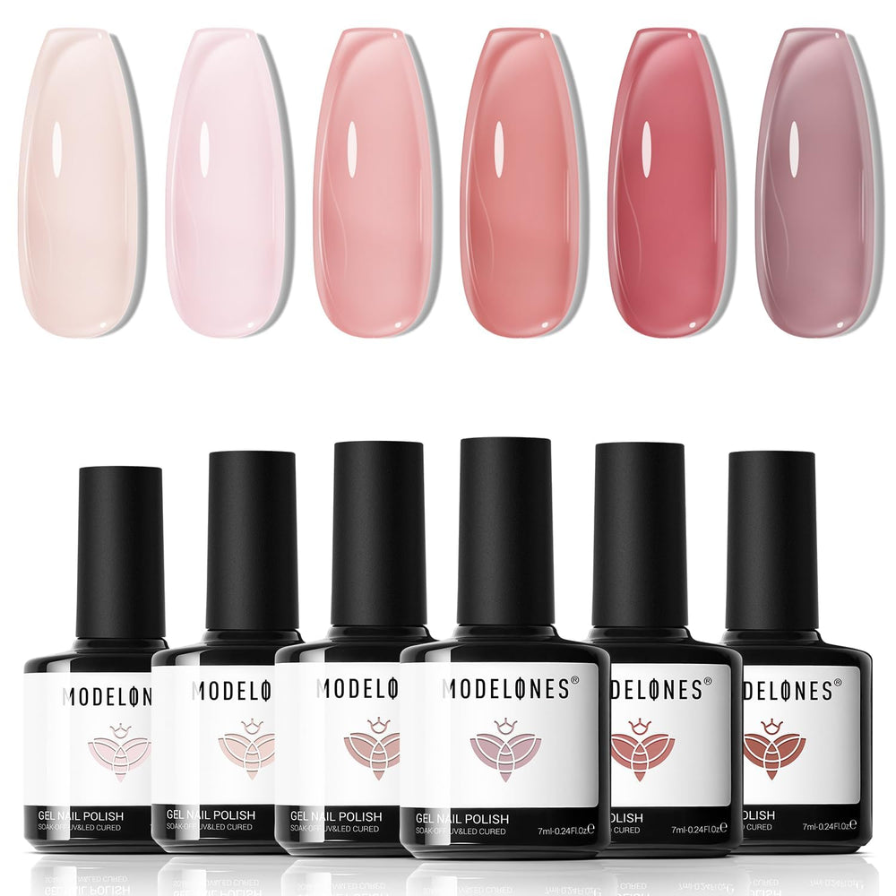 Modelones Jelly Gel esmalte, 6 colores, para manicura versátil y duradera.