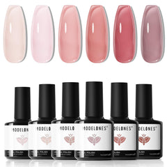 Modelones Jelly Gel esmalte, 6 colores, para manicura versátil y duradera.