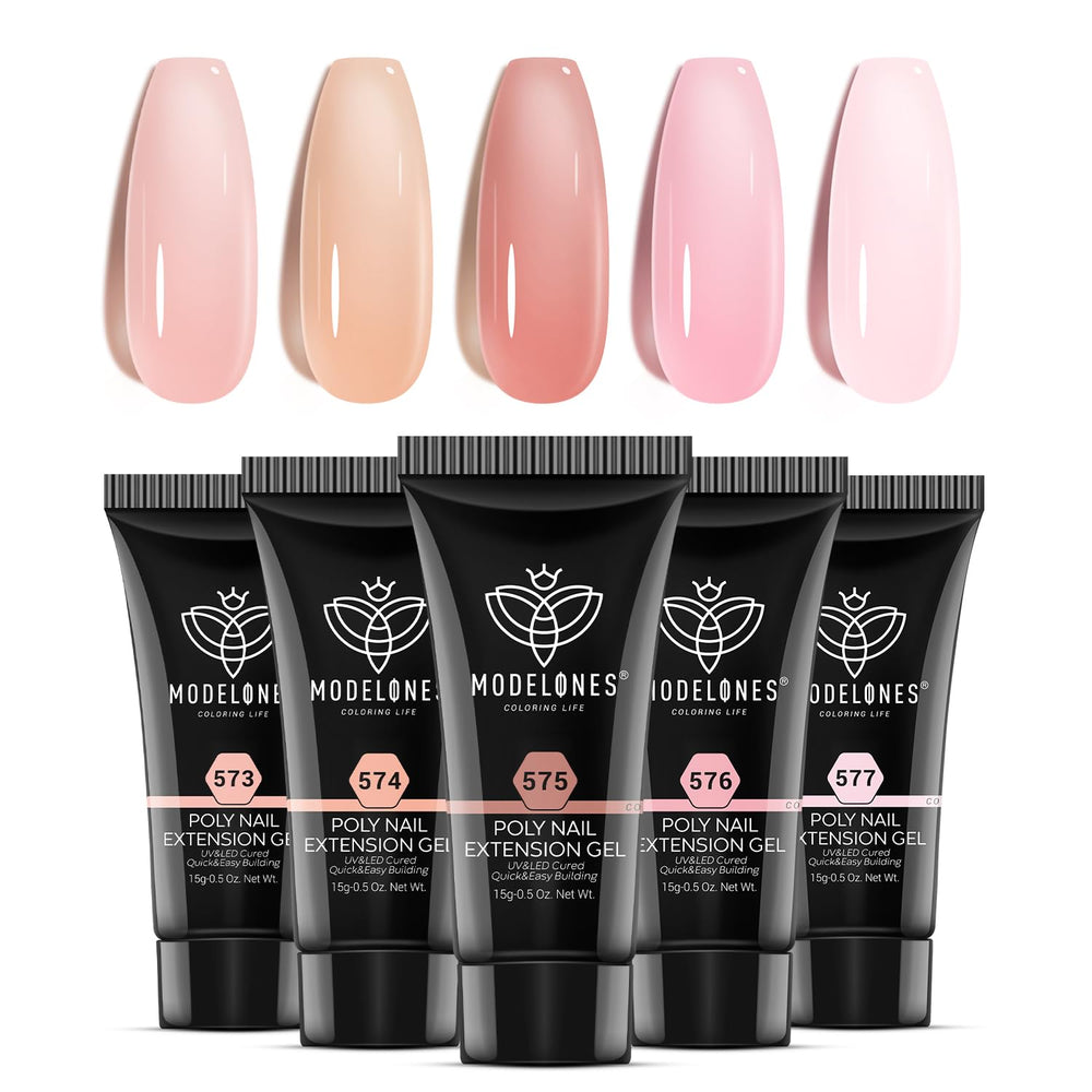 Modelones gel polimérico: cinco colores translúcidos en tubos para uñas duraderas