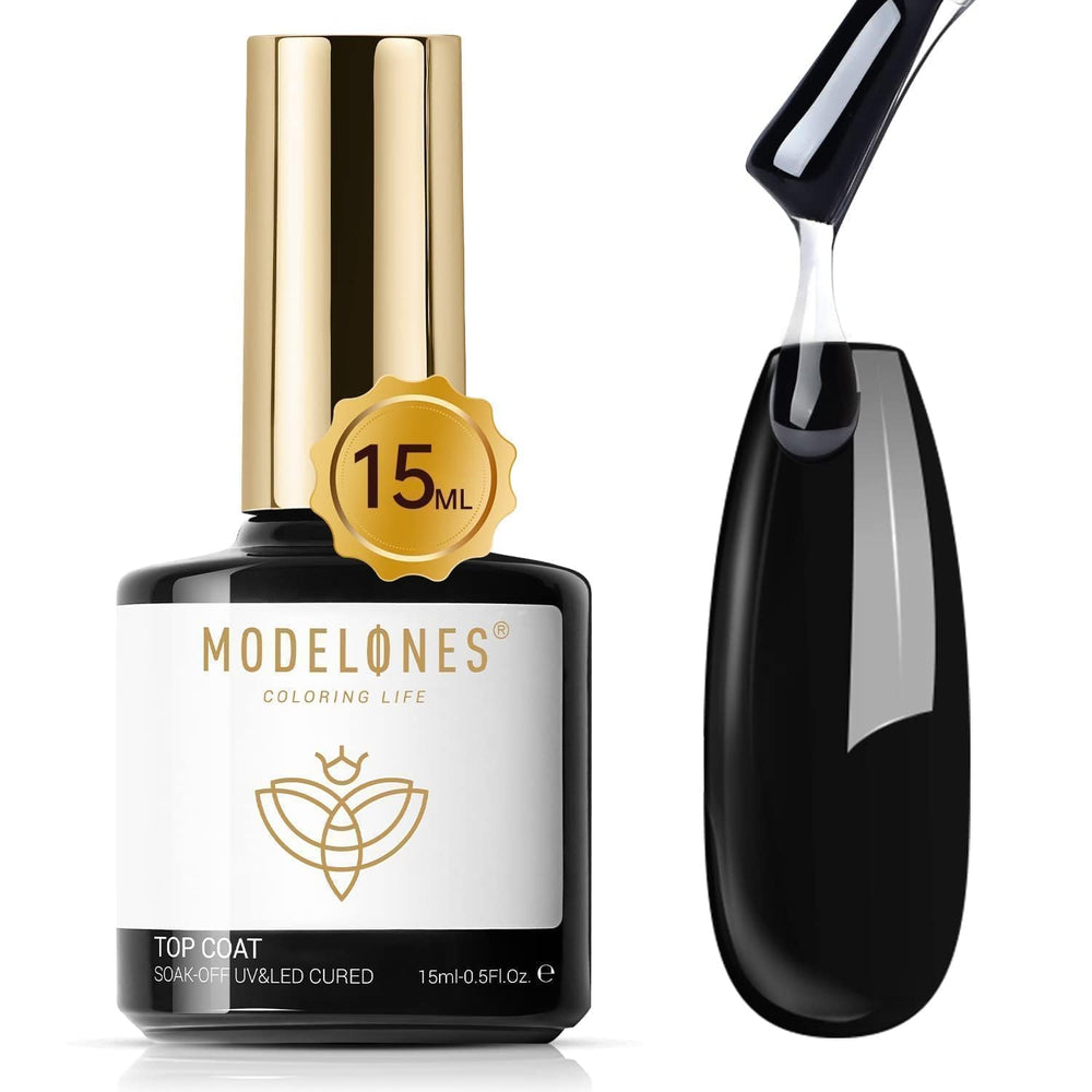Modelones gel top coat bottle with a high gloss finish for DIY nails.