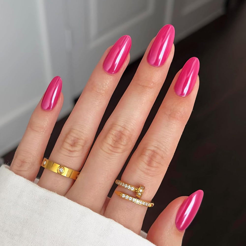 Modelones hot pink almond press-on nails in a chic set for quick manicures