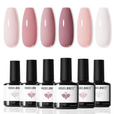 Set de esmaltes gel Modelones con seis tonos rosados neutros para uñas.