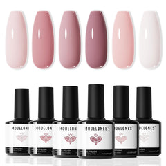Set de esmaltes gel Modelones con seis tonos rosados neutros para uñas.
