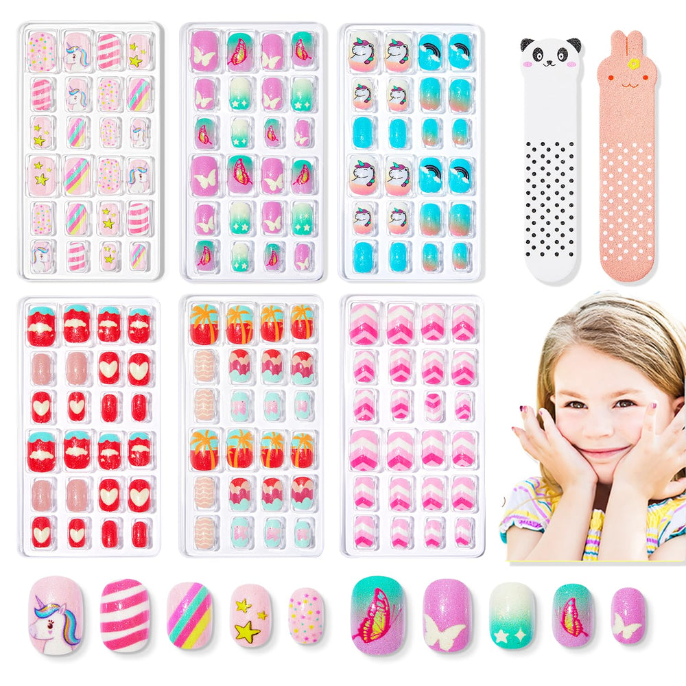 Modelones kids nails with 144 pieces featuring assorted patterns for creative daily nail art and dress-up.
