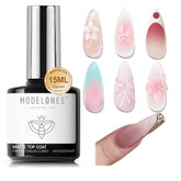Modelones matte top coat 15ml bottle delivers a durable velvet matte finish.