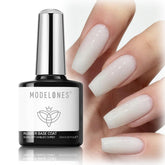 Modelones Milky White Rubber Base Bottle highlights flexible base for fragile nails