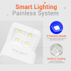 Modelones Mini UV Light demonstrates portable USB power for travel manicures.