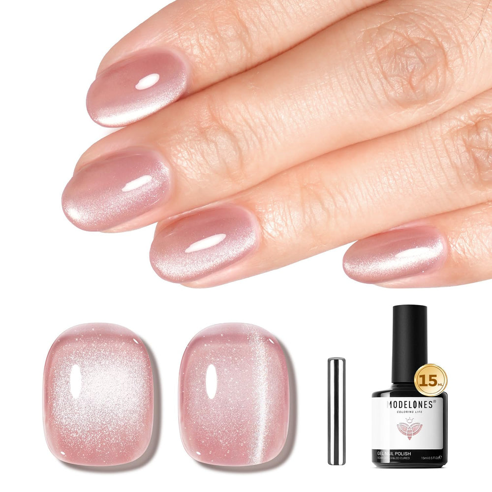 Modelones Pink Cat Eye Gel Nail Polish bottle showing 15 ml capacity for long wear.