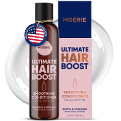 Moerie hair growth conditioner bottle shown on sink for fuller-looking hair.