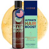 Moerie Hair Growth Shampoo bottle front, promising thicker, healthier-looking hair.