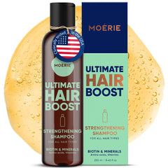 Moerie Hair Growth Shampoo bottle front, promising thicker, healthier-looking hair.