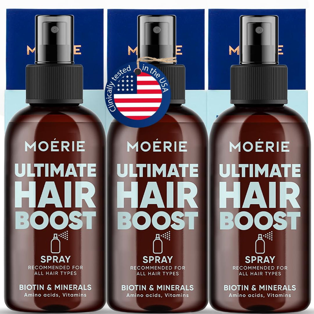 Moerie hair growth spray bottle showing thicker-looking hair potential