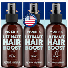 Moerie hair growth spray bottle showing thicker-looking hair potential