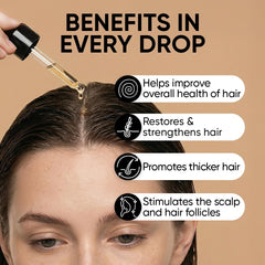 Close-up of Moerie serum on a cleansed scalp showing natural-origin ingredients