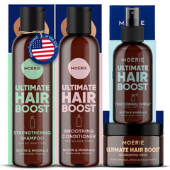 Moerie shampoo bottle close-up showing nourishing formula for healthier hair.