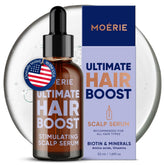 Moerie Ultimate Hair Growth Serum bottle with dropper for scalp nourishment and fuller-looking hair