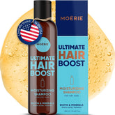Moerie Ultimate Hair Growth Shampoo bottle pour boosts volume and shine.