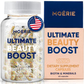 Moerie Ultimate Hair Growth bottle shown for convenient daily use with water.
