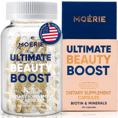 Moerie Ultimate Hair Growth bottle shown for convenient daily use with water.