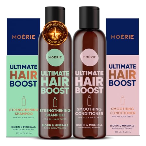 Moerie hair growth shampoo bottle cleanses while supporting thicker-looking strands.