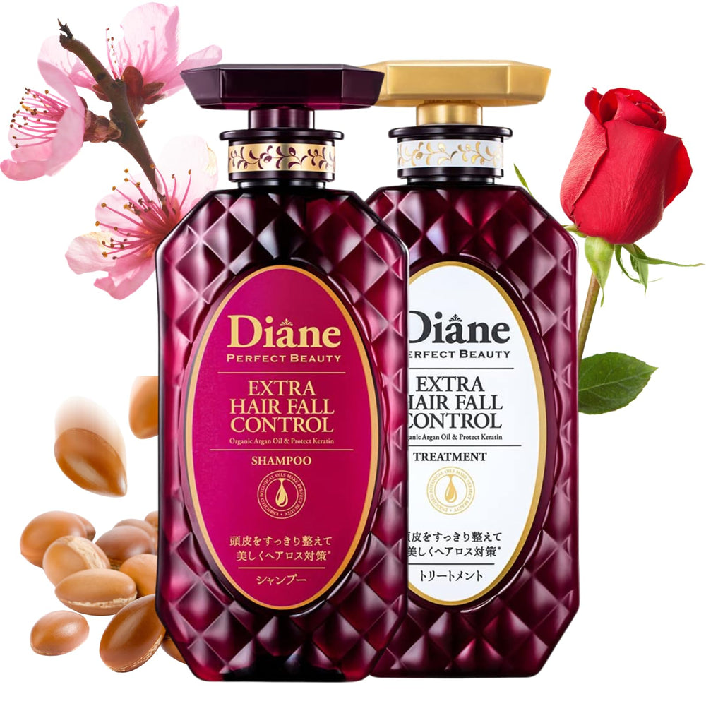Moist Diane anti-hair-loss shampoo bottle pour for smoother, thicker-looking hair.